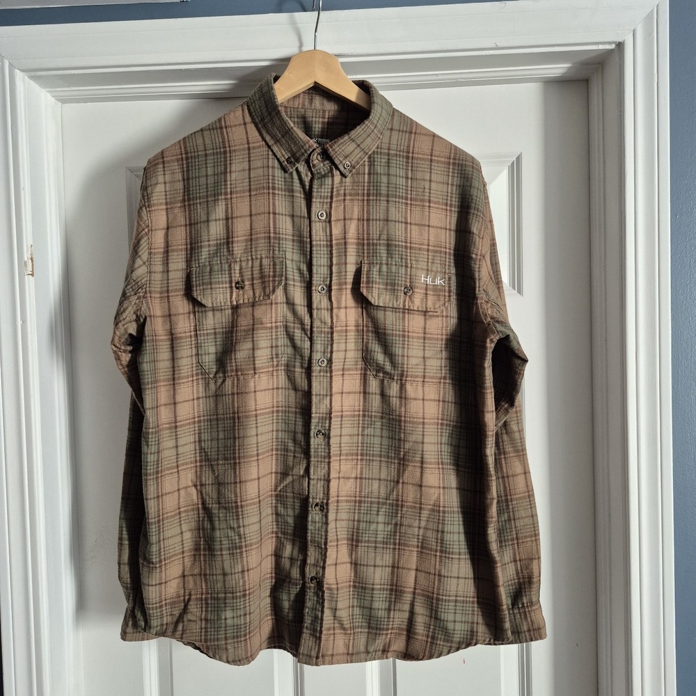 Huk‎ Shirt Mens Large Tan Plaid Performance Flannel Fishing Hiking Roll Sleeve
